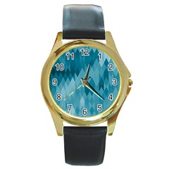 Cerulean Blue Geometric Patterns Round Gold Metal Watch by SpinnyChairDesigns