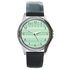 Boho Biscay Green Pattern Round Metal Watch