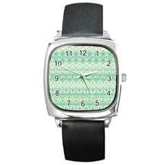 Boho Biscay Green Pattern Square Metal Watch by SpinnyChairDesigns