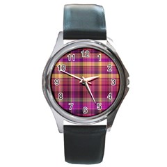 Magenta Gold Madras Plaid Round Metal Watch