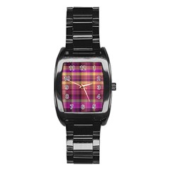 Magenta Gold Madras Plaid Stainless Steel Barrel Watch by SpinnyChairDesigns