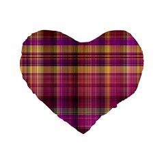 Magenta Gold Madras Plaid Standard 16  Premium Flano Heart Shape Cushions by SpinnyChairDesigns