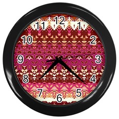 Boho Fuschia And Gold Pattern Wall Clock (black) by SpinnyChairDesigns