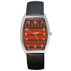 Boho Aztec Rust Orange Color Stripes Barrel Style Metal Watch by SpinnyChairDesigns