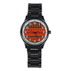 Boho Aztec Rust Orange Color Stripes Stainless Steel Round Watch by SpinnyChairDesigns