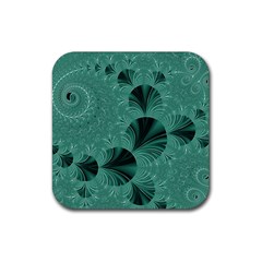 Biscay Green Black Spirals Rubber Coaster (square)  by SpinnyChairDesigns