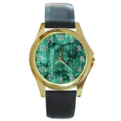 Biscay Green Black Textured Round Gold Metal Watch by SpinnyChairDesigns