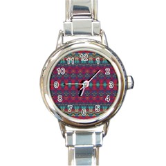 Boho Red Teal Pattern Round Italian Charm Watch by SpinnyChairDesigns