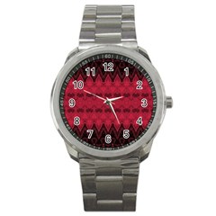 Boho Red Black Pattern Sport Metal Watch by SpinnyChairDesigns