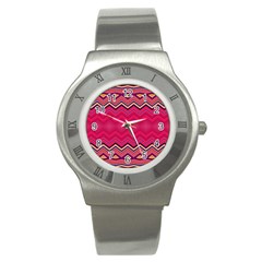 Boho Aztec Stripes Rose Pink Stainless Steel Watch by SpinnyChairDesigns