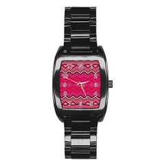 Boho Aztec Stripes Rose Pink Stainless Steel Barrel Watch by SpinnyChairDesigns