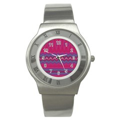 Magenta Blue Stripes Stainless Steel Watch by SpinnyChairDesigns