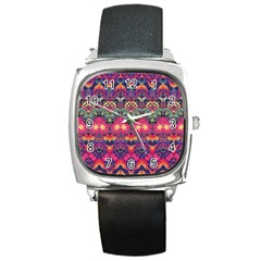 Boho Colorful Pattern Square Metal Watch by SpinnyChairDesigns