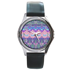 Boho Patchwork Violet Pink Green Round Metal Watch by SpinnyChairDesigns