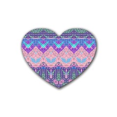 Boho Patchwork Violet Pink Green Rubber Coaster (heart)  by SpinnyChairDesigns