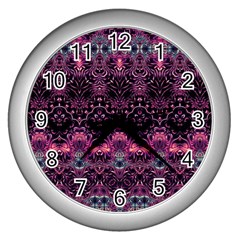 Boho Magenta Black Pattern Wall Clock (silver) by SpinnyChairDesigns