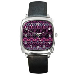 Boho Magenta Black Pattern Square Metal Watch by SpinnyChairDesigns