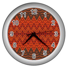 Boho Rust Orange Brown Pattern Wall Clock (Silver)