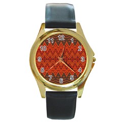 Boho Rust Orange Brown Pattern Round Gold Metal Watch