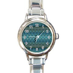 Boho Teal Blue Pattern Round Italian Charm Watch by SpinnyChairDesigns