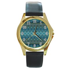 Boho Teal Blue Pattern Round Gold Metal Watch by SpinnyChairDesigns