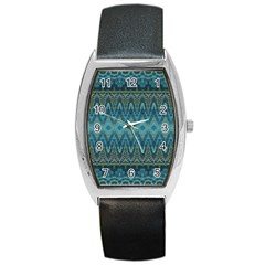 Boho Teal Blue Pattern Barrel Style Metal Watch by SpinnyChairDesigns