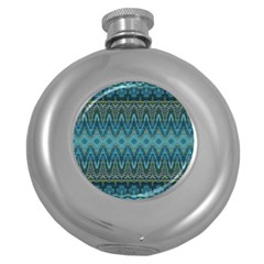 Boho Teal Blue Pattern Round Hip Flask (5 Oz) by SpinnyChairDesigns