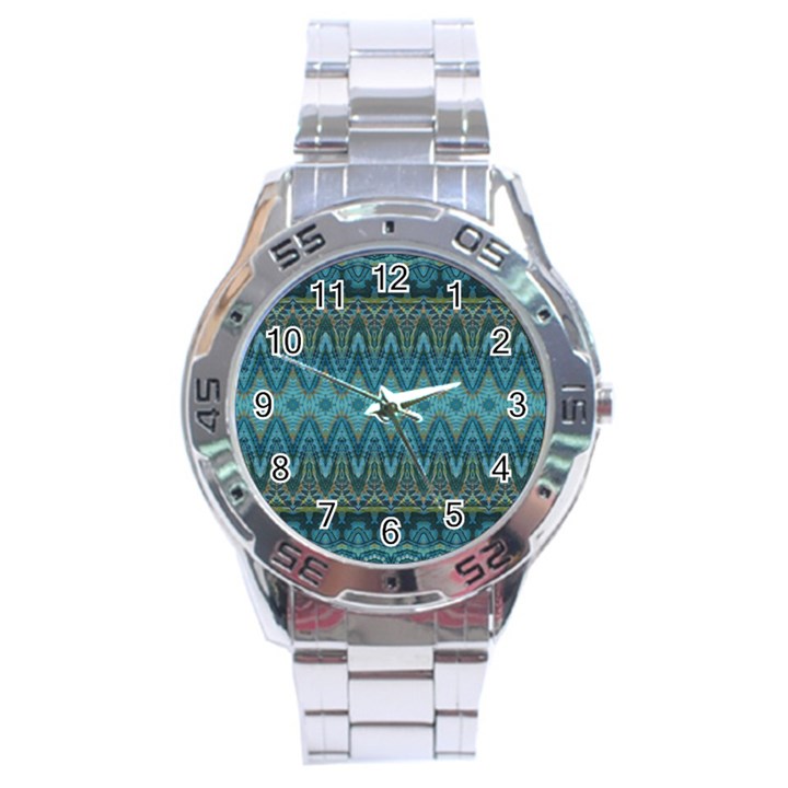 Boho Teal Blue Pattern Stainless Steel Analogue Watch