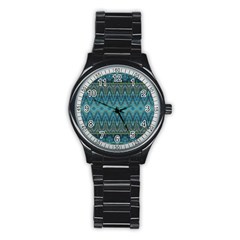 Boho Teal Blue Pattern Stainless Steel Round Watch by SpinnyChairDesigns