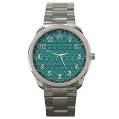 Boho Teal Green Blue Pattern Sport Metal Watch by SpinnyChairDesigns