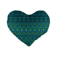 Boho Teal Green Blue Pattern Standard 16  Premium Flano Heart Shape Cushions by SpinnyChairDesigns