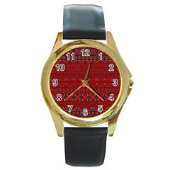 Boho Red Black Grey Round Gold Metal Watch by SpinnyChairDesigns