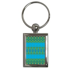 Boho Blue Green Pattern Key Chain (rectangle) by SpinnyChairDesigns