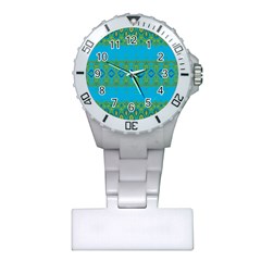 Boho Blue Green Pattern Plastic Nurses Watch by SpinnyChairDesigns