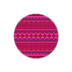 Boho Bright Pink Floral Rubber Round Coaster (4 Pack)  by SpinnyChairDesigns