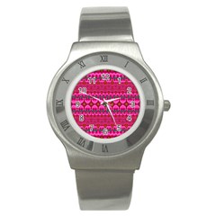 Boho Bright Pink Floral Stainless Steel Watch by SpinnyChairDesigns