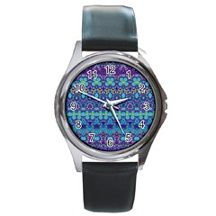 Boho Purple Blue Teal Floral Round Metal Watch by SpinnyChairDesigns