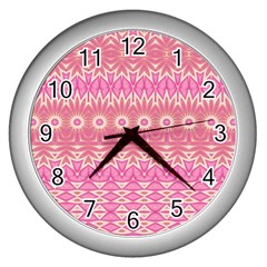 Boho Pink Floral Pattern Wall Clock (silver) by SpinnyChairDesigns