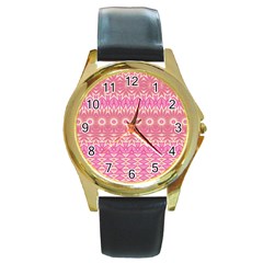 Boho Pink Floral Pattern Round Gold Metal Watch by SpinnyChairDesigns