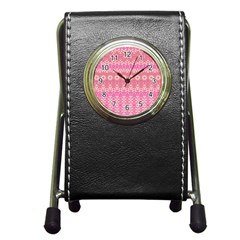 Boho Pink Floral Pattern Pen Holder Desk Clock by SpinnyChairDesigns