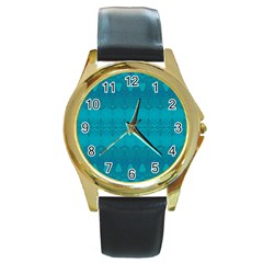 Boho Teal Pattern Round Gold Metal Watch by SpinnyChairDesigns