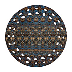 Boho Blue Gold Pattern Ornament (round Filigree) by SpinnyChairDesigns