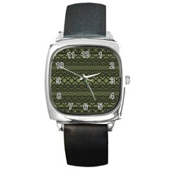 Boho Sage Green Black Square Metal Watch