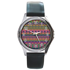 Boho Colorful Pattern Round Metal Watch by SpinnyChairDesigns