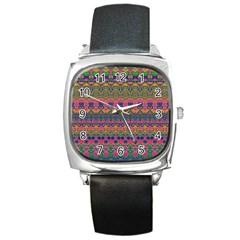 Boho Colorful Pattern Square Metal Watch by SpinnyChairDesigns