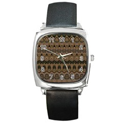 Boho Green Brown Pattern Square Metal Watch by SpinnyChairDesigns