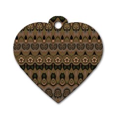 Boho Green Brown Pattern Dog Tag Heart (two Sides) by SpinnyChairDesigns