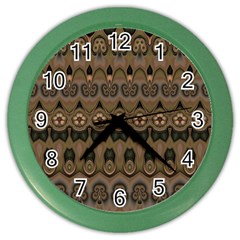Boho Green Brown Pattern Color Wall Clock by SpinnyChairDesigns