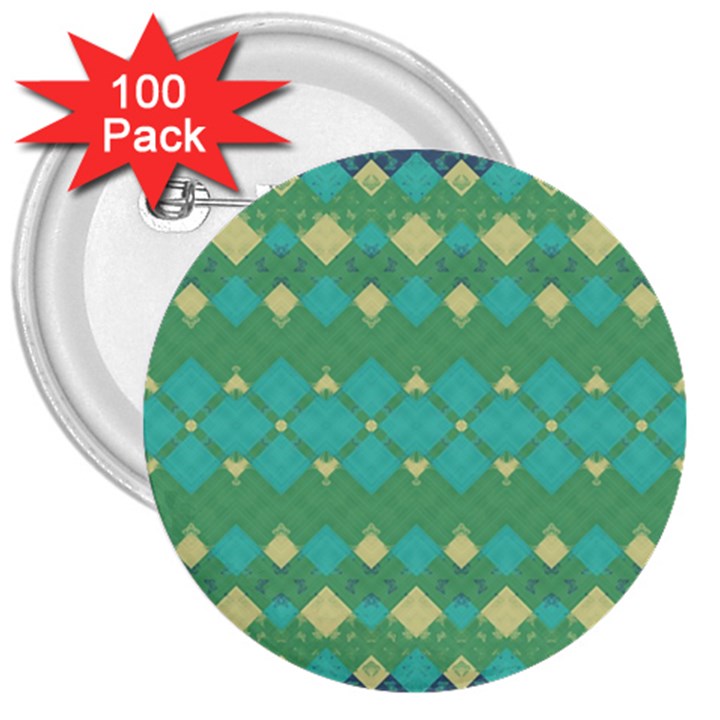 Boho Green Blue Checkered 3  Buttons (100 pack) 