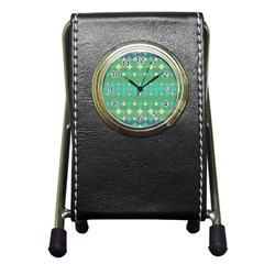 Boho Green Blue Checkered Pen Holder Desk Clock by SpinnyChairDesigns